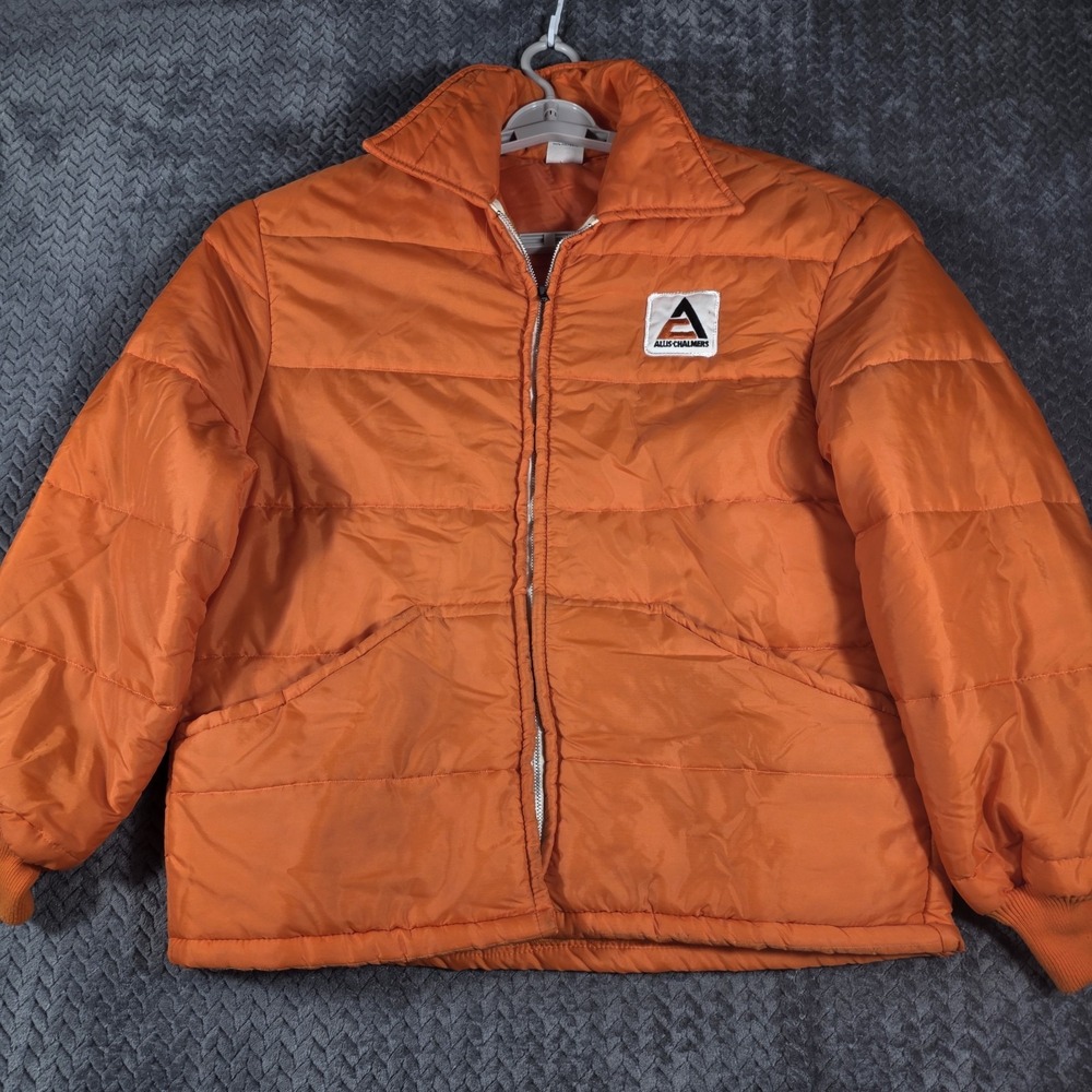 Vintage 1970s Allis Chalmers Cap'n Jac Puffer Jacket Men Large Blaze Orange
